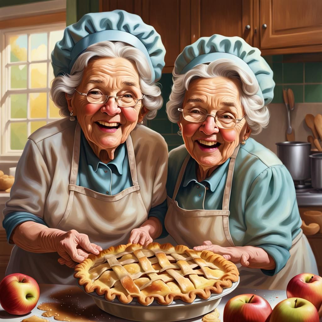 Two happy, jolly, ladies baking an Apple Pie.   by @Suz