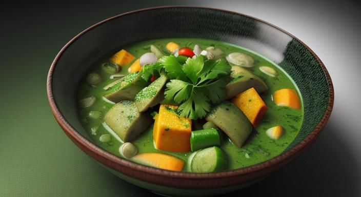 A giant bowl of green curry with all optional vegetables bac...