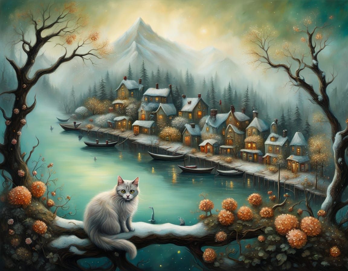 Surreal Town on Emerald Lake in Radiant Fog