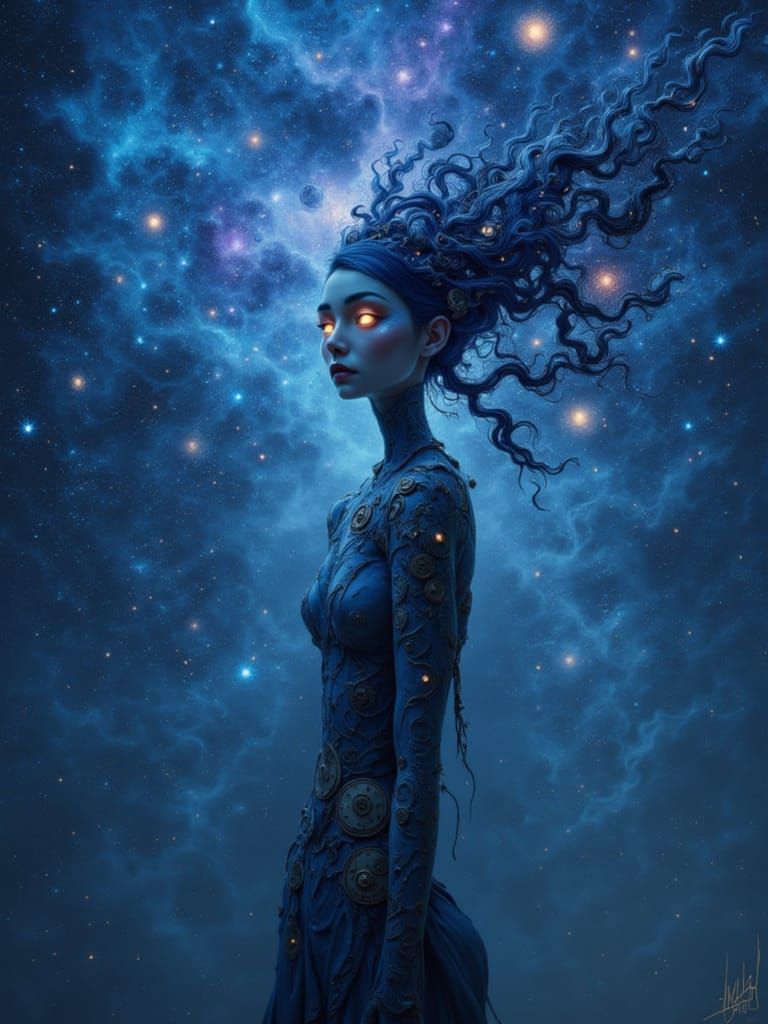 A digital painting depicting "The Galactic Clockwork Muse," a graceful humanoid figure composed of intricate clockwork gears and stardust. H...