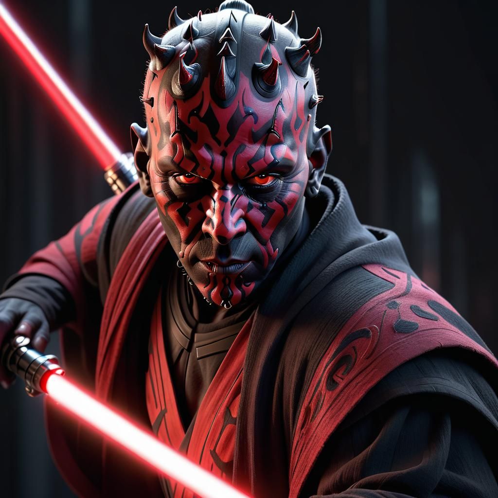 Darth maul from start wars holding his doublesided red light...