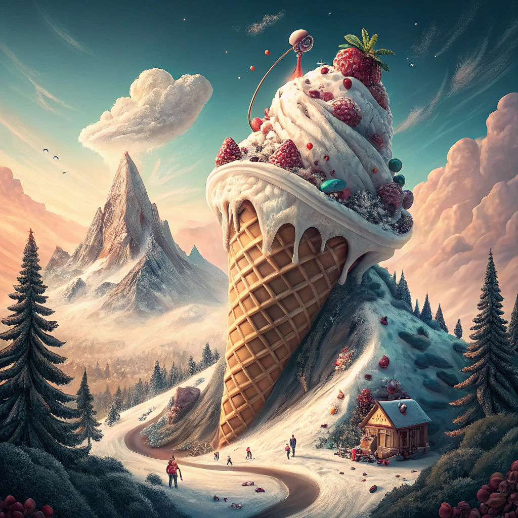 A giant ice cream cone tops the mountain, ice cream flows down the slope creating a fantastic ski slope ...  by @Zacharo
