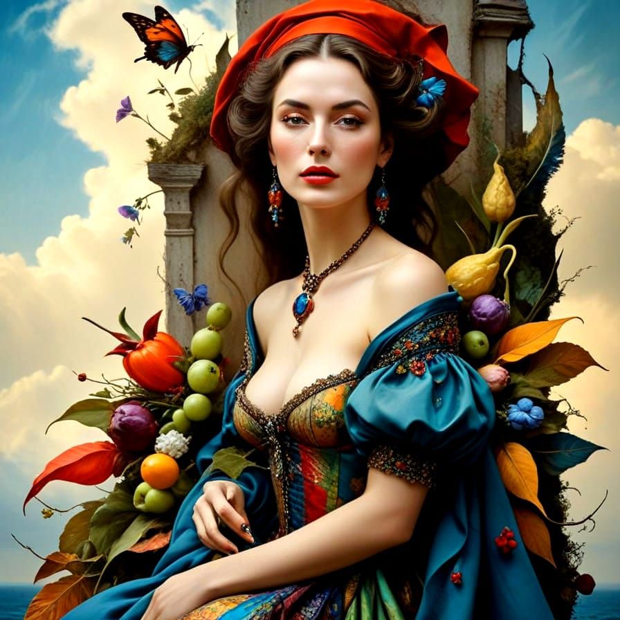 Vibrant Portrait of a Happy Lady in a Dazzling, Surreal Back...