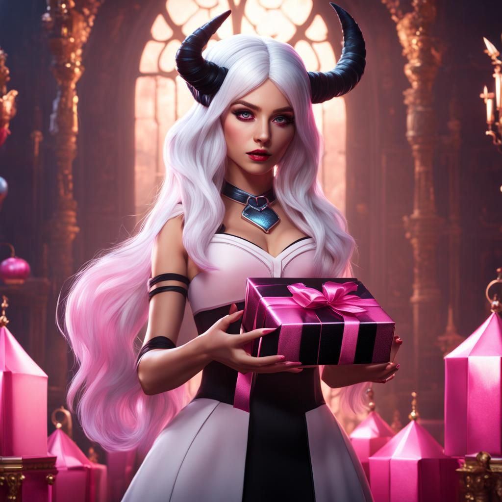 Girl with white hair and small black horns holding pink pres...