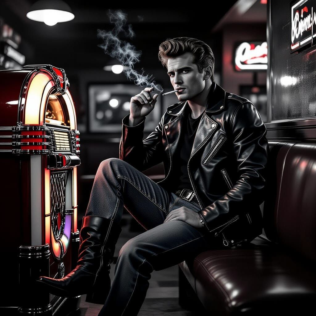 Rebellious Greaser in Diner: a Noir Photograph