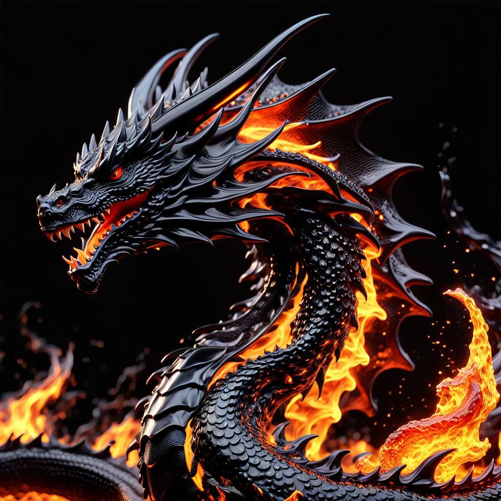 A black dragon made by pure black liquid emerging from fire flames, amazing texture,  liquid render, ...  by @Marv