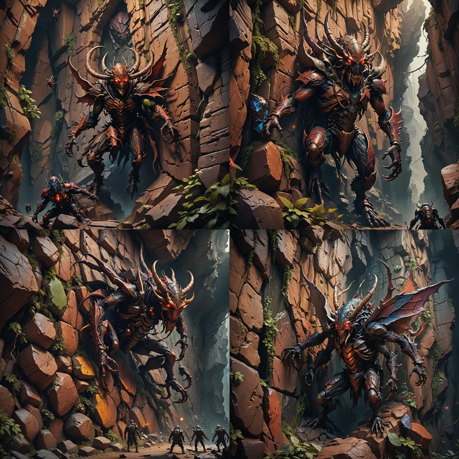 Giant insectoid demon climbing up a cavernous wall as a grou...