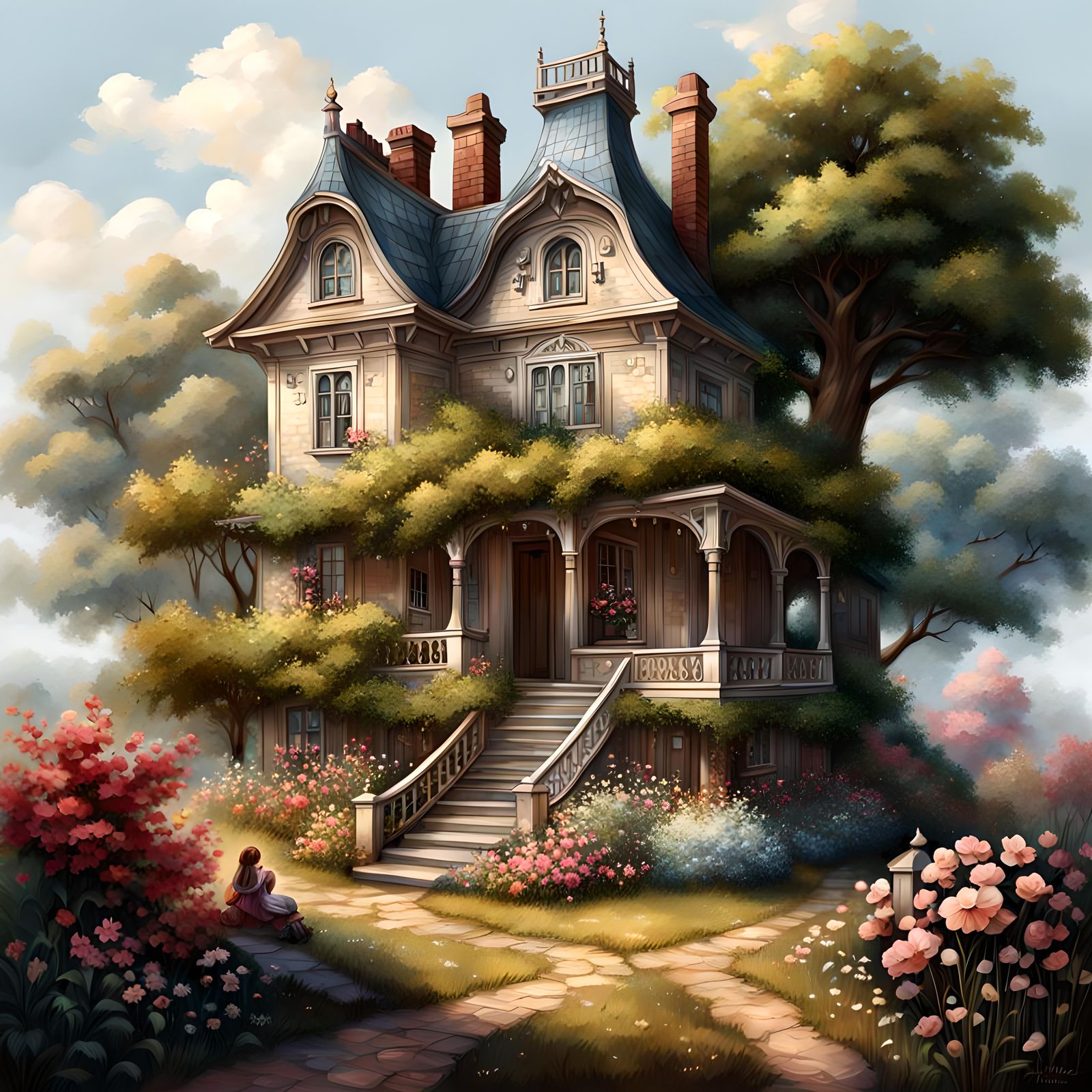 Little Girls, fantasy house, trees, flowers, plants, ultrare...