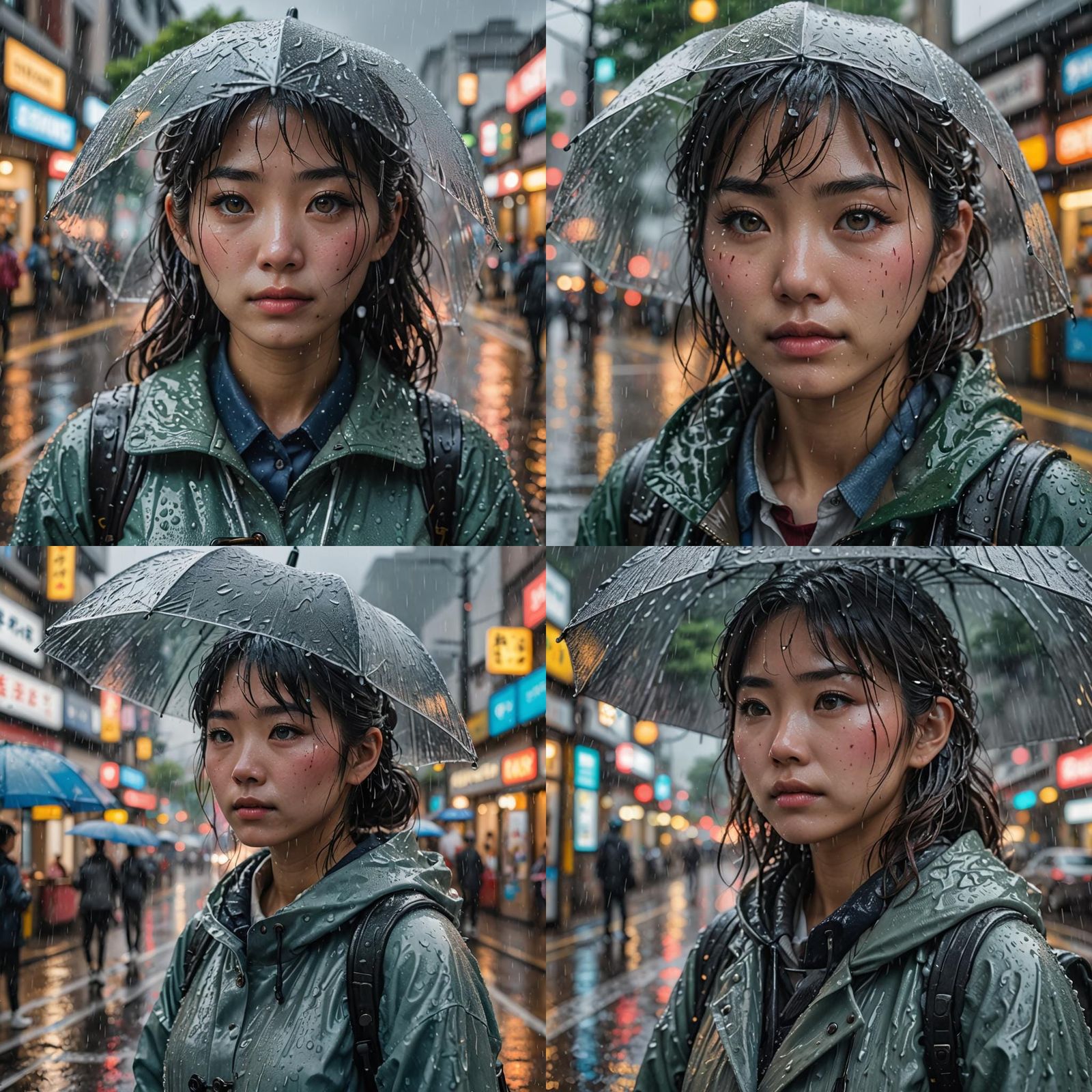 Japanese choolgirl covered in rain, waiting for a bus,extrem...