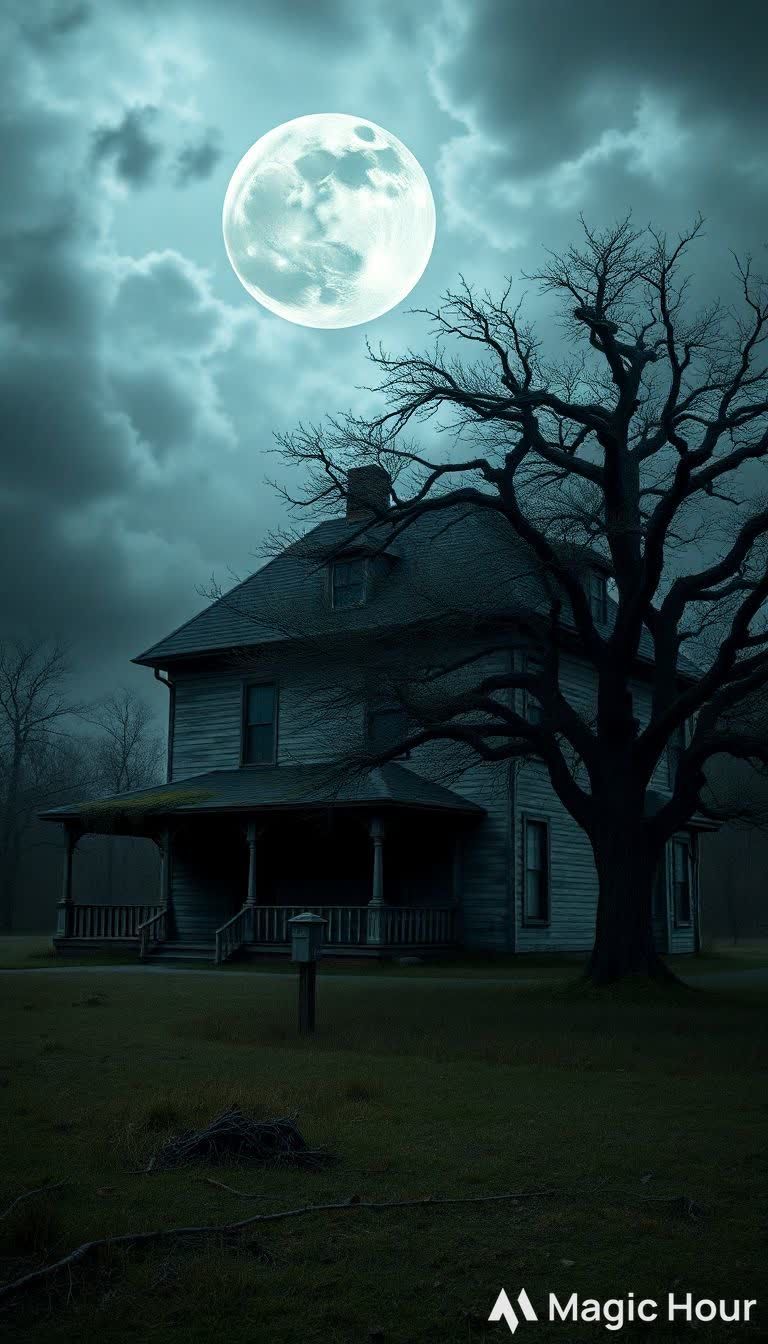 Creepy horror art creation of an isolated eerie haunted house in the middle of nowhere with gloomy skies that seems almo...