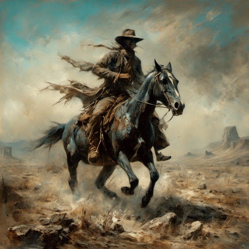 <lora:Macabre:1.0> "Riders of the blue sage # the prairie is blue  # the distant mountains are blue# the sky is blue# th...