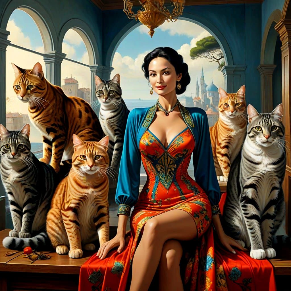 Vibrant Surrealist Scene of Women and Oversized Cats