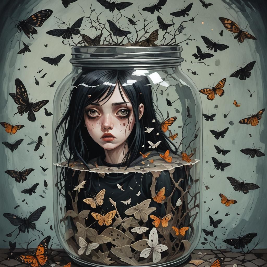 Scared girl inside a cracked old dirty jar surrounded by mot...