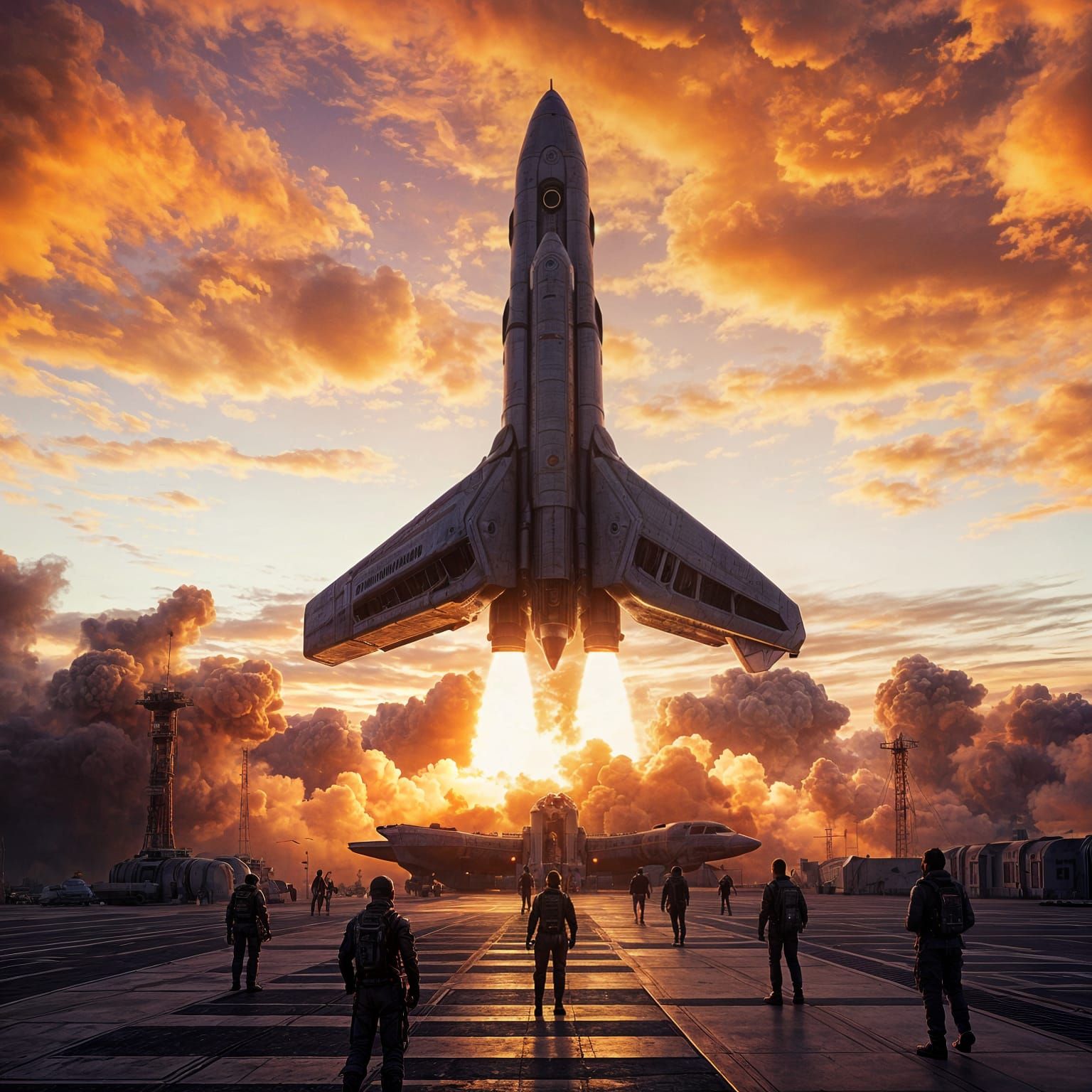  colossal, hyper-detailed rocket ship, bathed in the fiery glow of its engines, launching majestically from a futuristic spaceport at dawn. ...