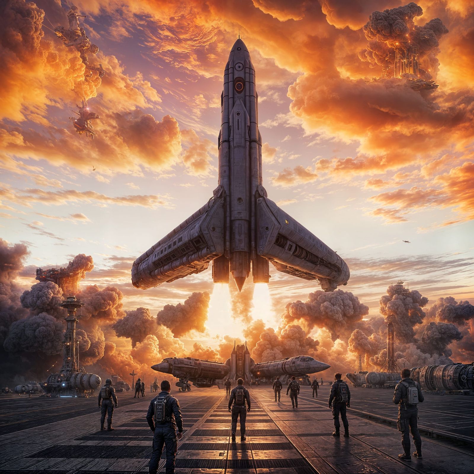 colossal, hyper-detailed rocket ship, bathed in the fiery glow of its engines, launching majestically ...  by @BMoore Ignite Studio