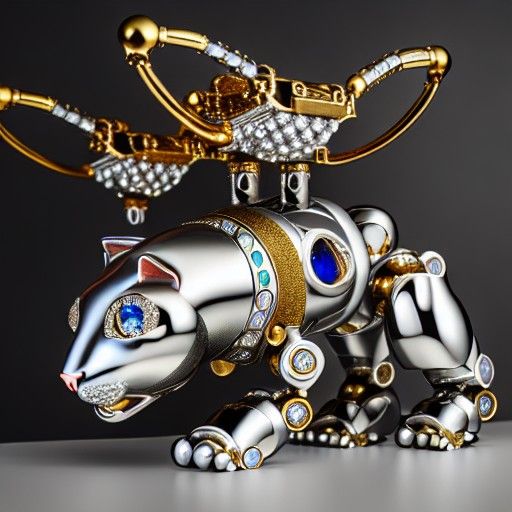 Robot cat in silver gold and gemstones
