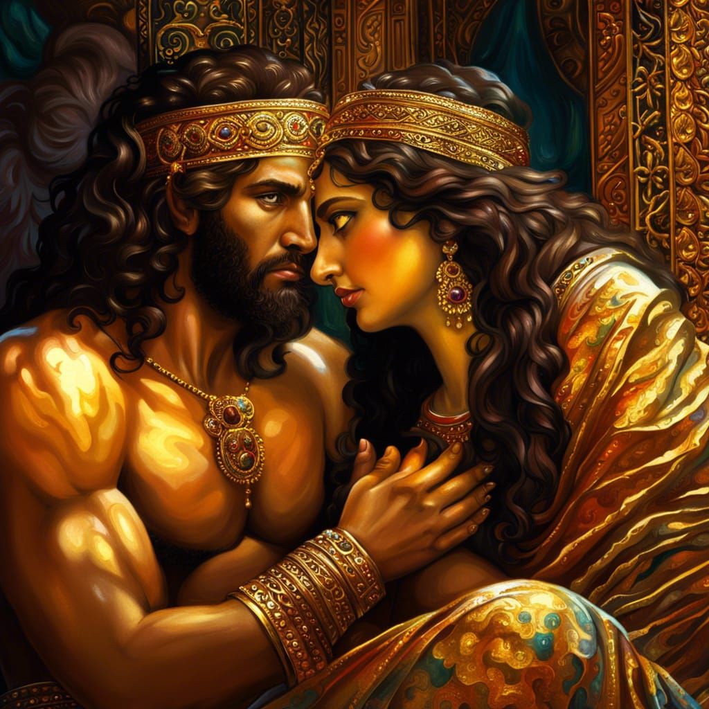Samson and delilah, bright vivid eyes, ethereal, high detail...