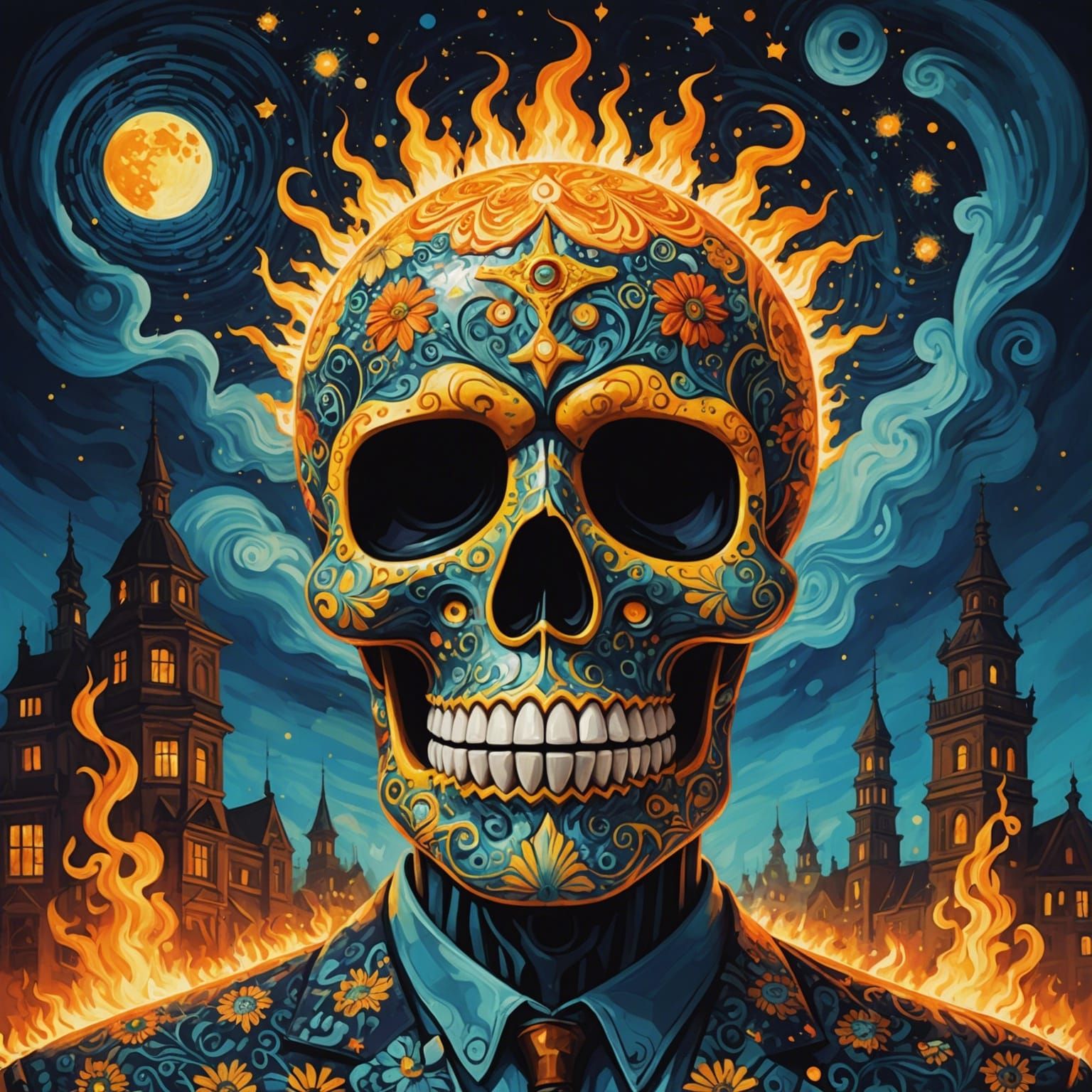 Flaming Sugar Skull Spongebob in Starry Night Style