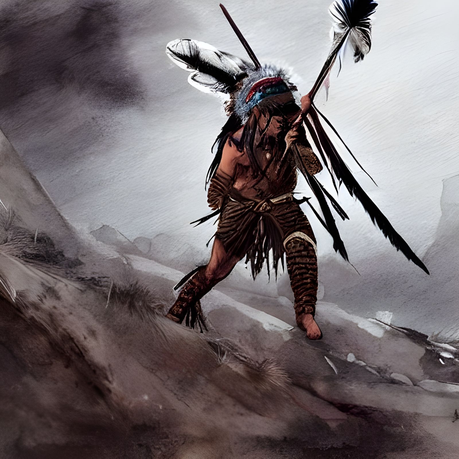 Human male Native American wearing eagle feather headdress a...