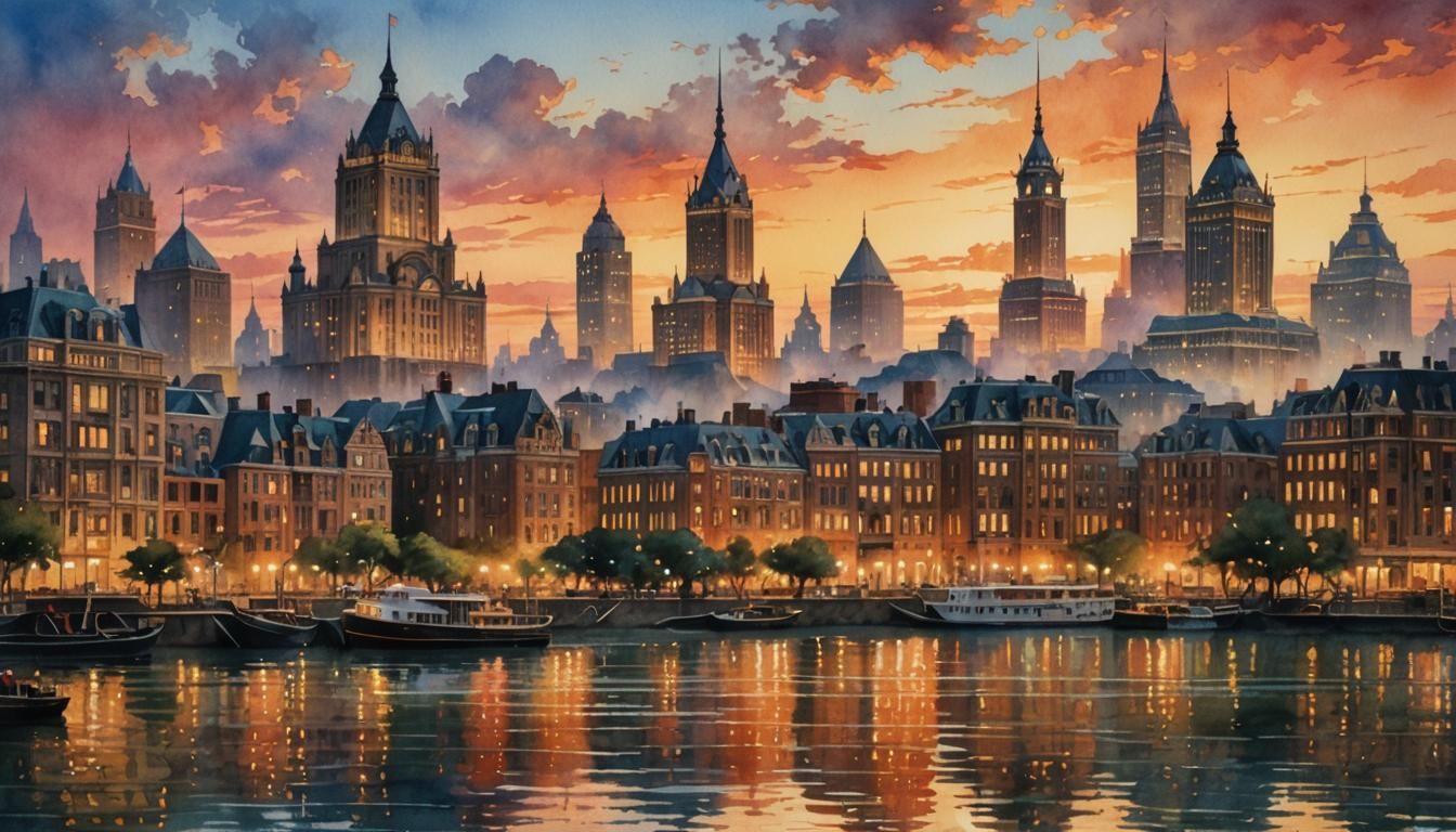 Cityscape across the water at sunset,  amazingly hyperdetail...