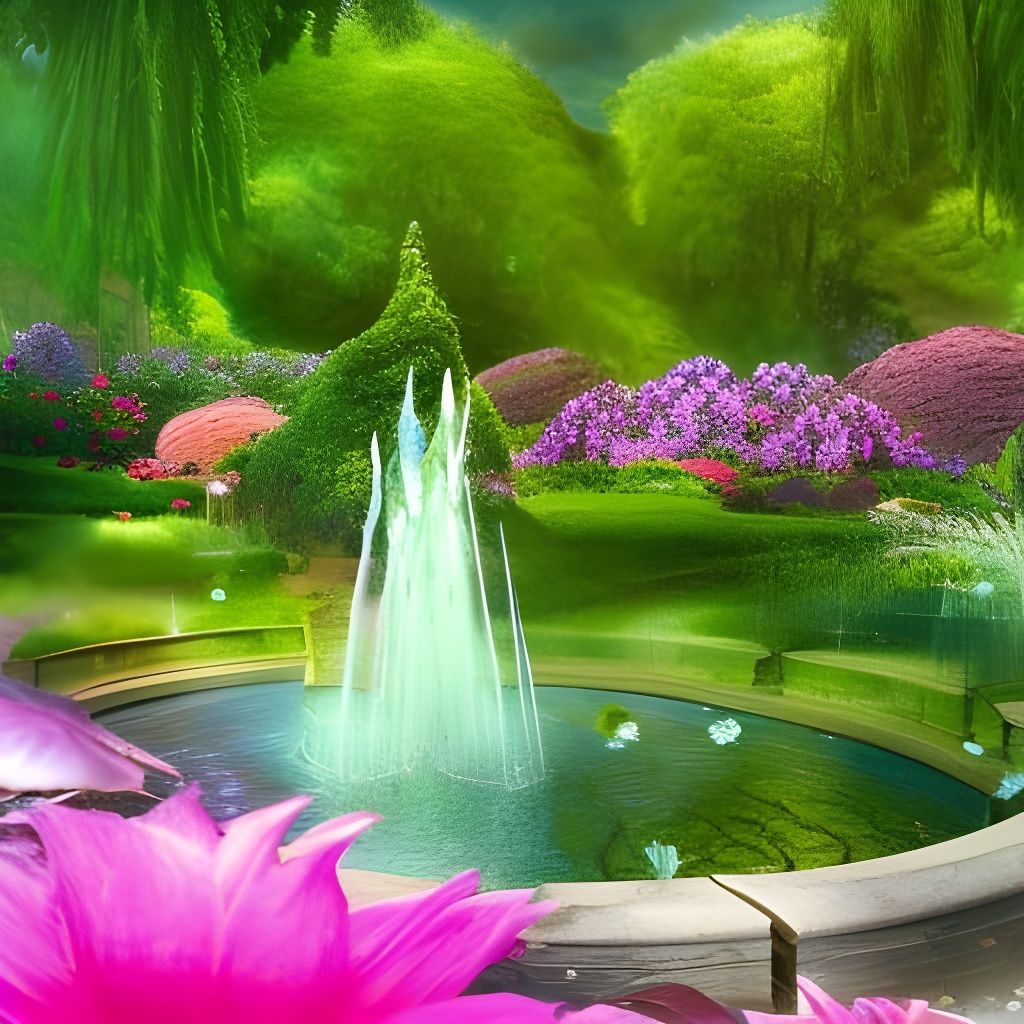 A beautiful garden with a fountain and colorful flower’s - AI Generated ...