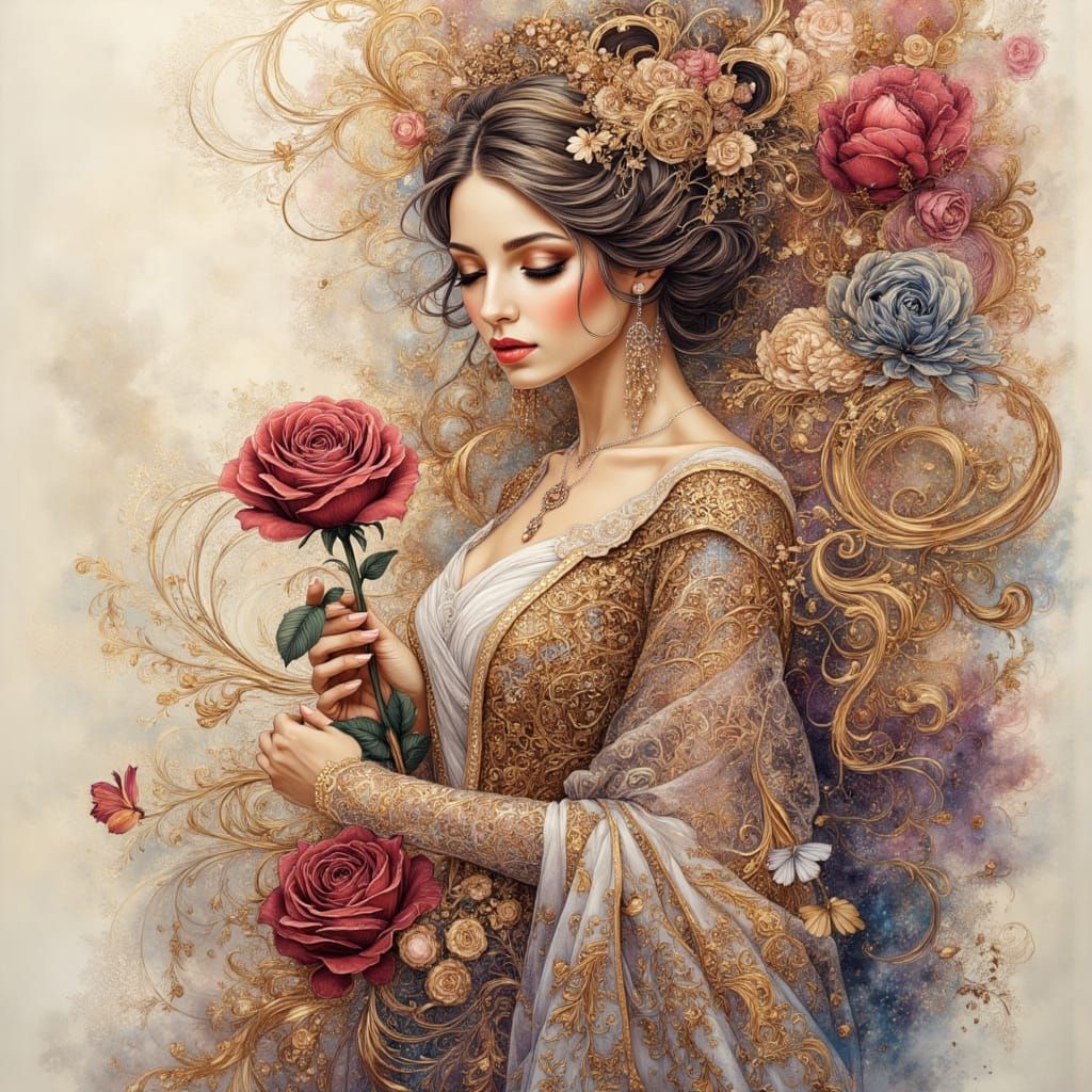 Pen and ink, alcohol inks, layered and intricate, hyper detailed, Belle holding a single rose, beautiful, ...  by @Andy Does AI