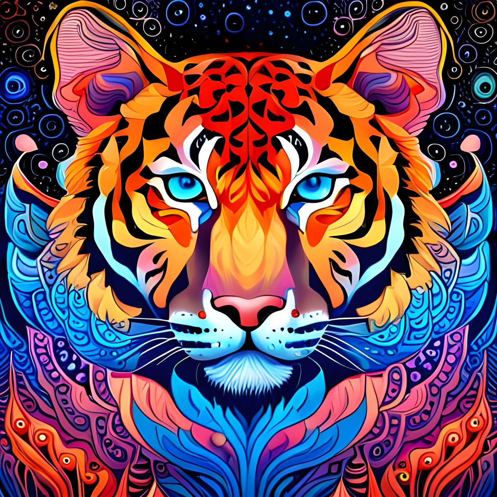 Psychedelic Tiger with Intricate Wings, Dreamy Illustration