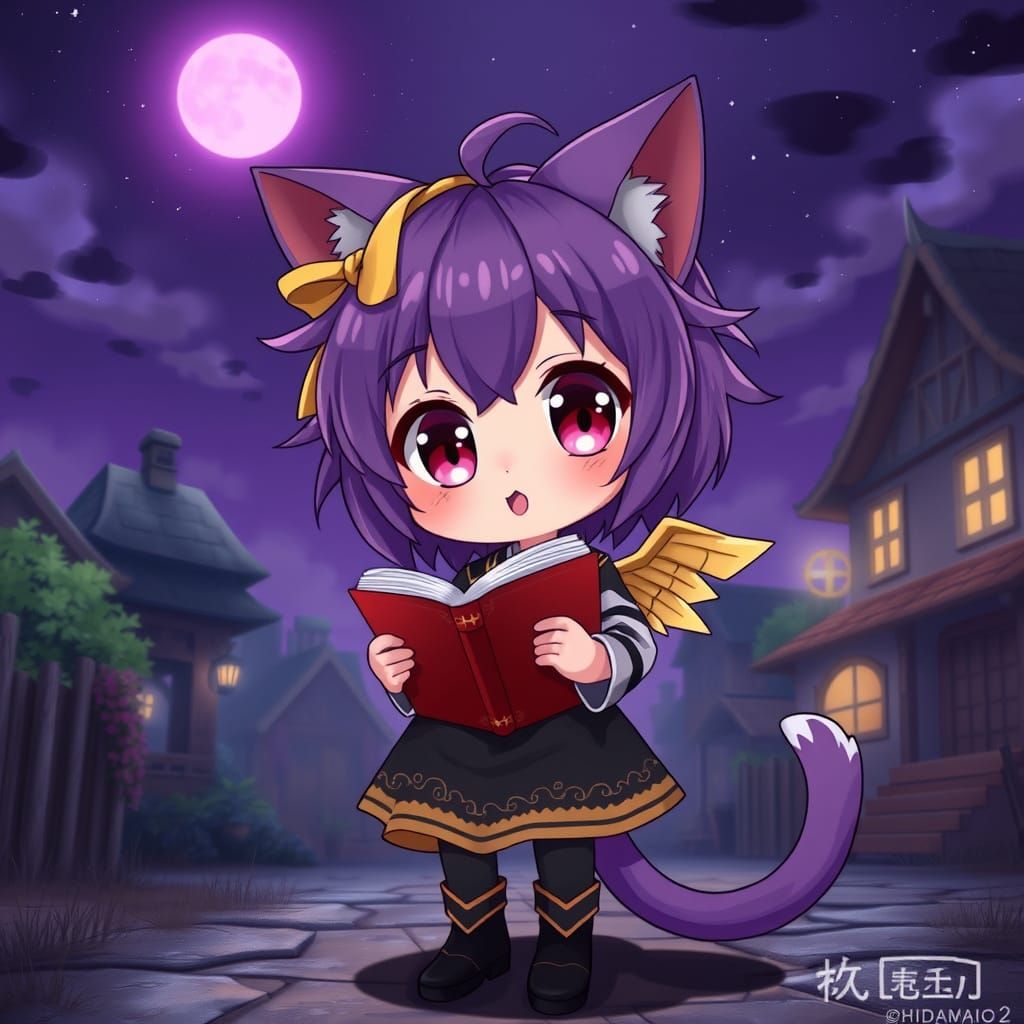 Adorable Anime Catgirl in Traditional Dress Under the Night ...
