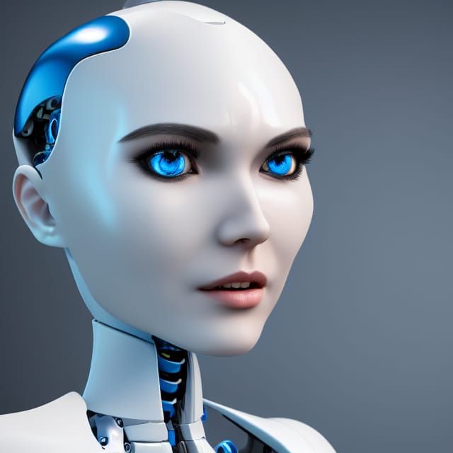 womanized humanoid robot made of steel, beautiful face, short blue hair ...