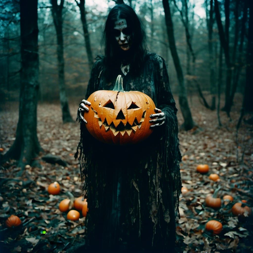 Dark forest rituals witchcraft rotting carved pumpkin Kodak Ektar - AI ...