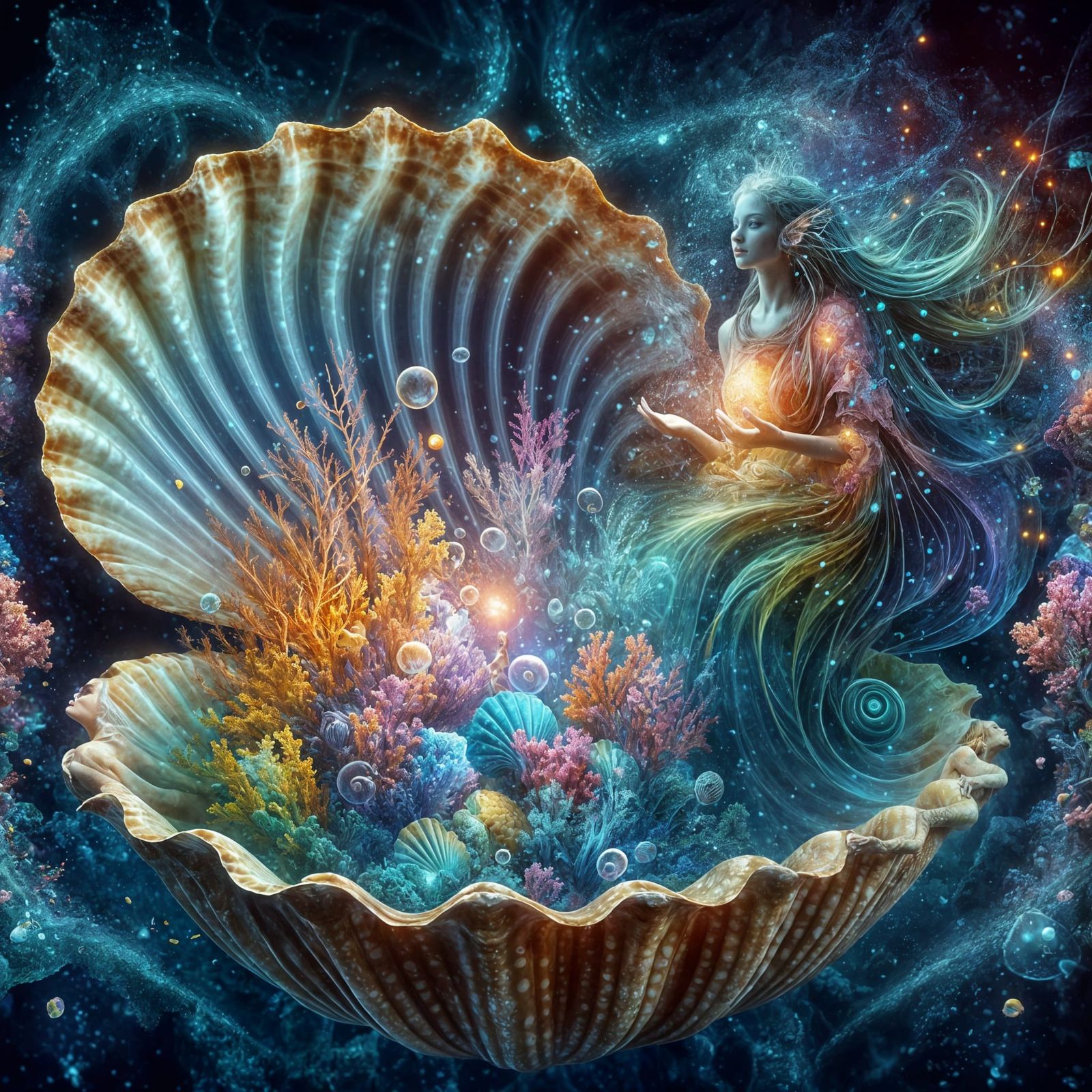 A coral reef and mermaid in a shell.  by @Ylona