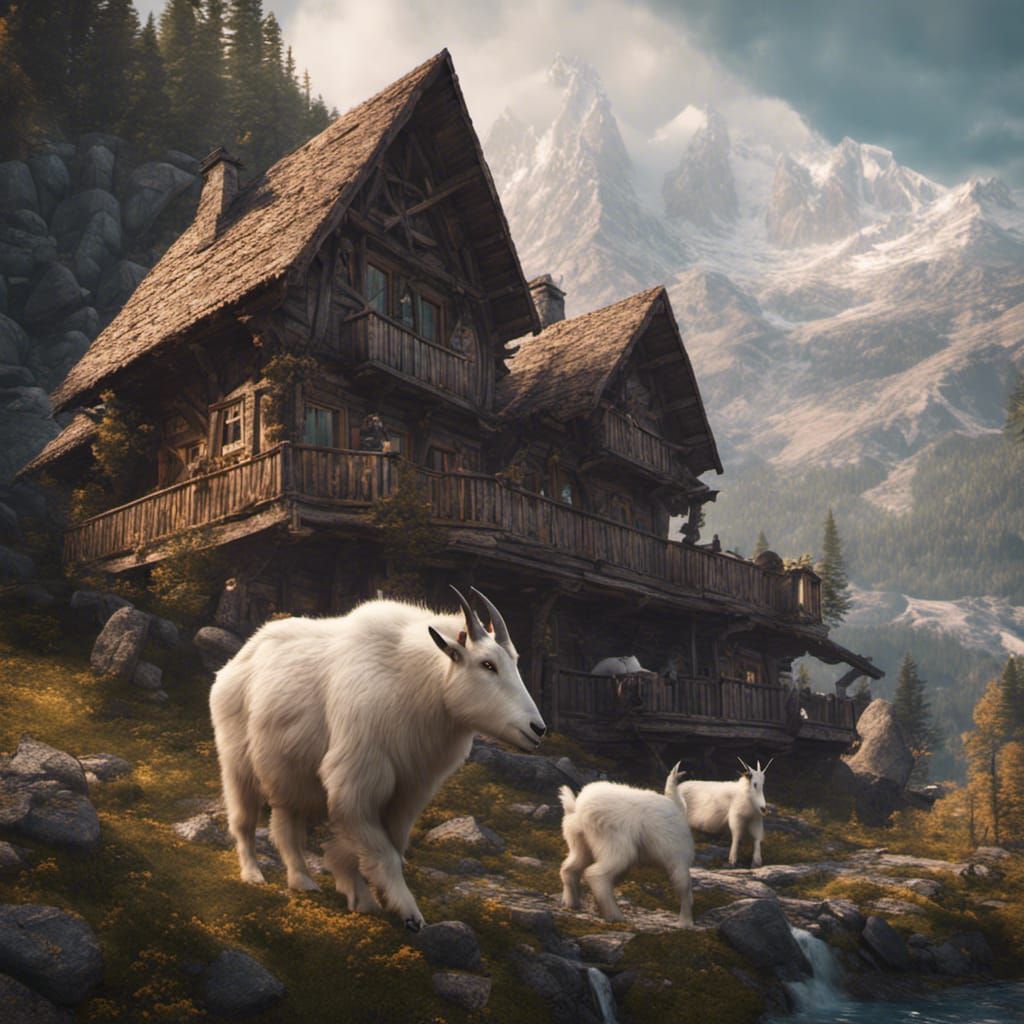 Mountain goats destroying a chalet in the mountains 