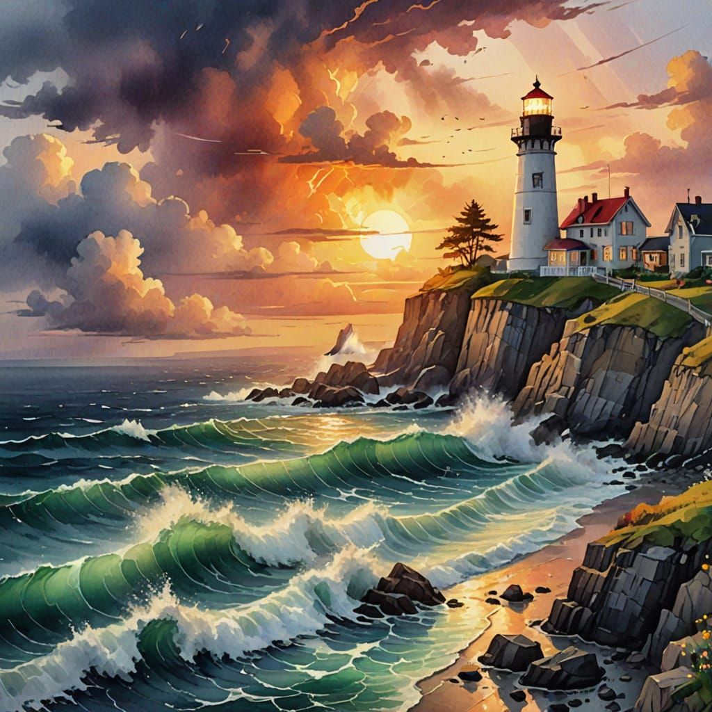 Watercolor painting style, a dramatic coastal scene with a lighthouse, small houses, rocky cliffs, foaming ...  by @Mike