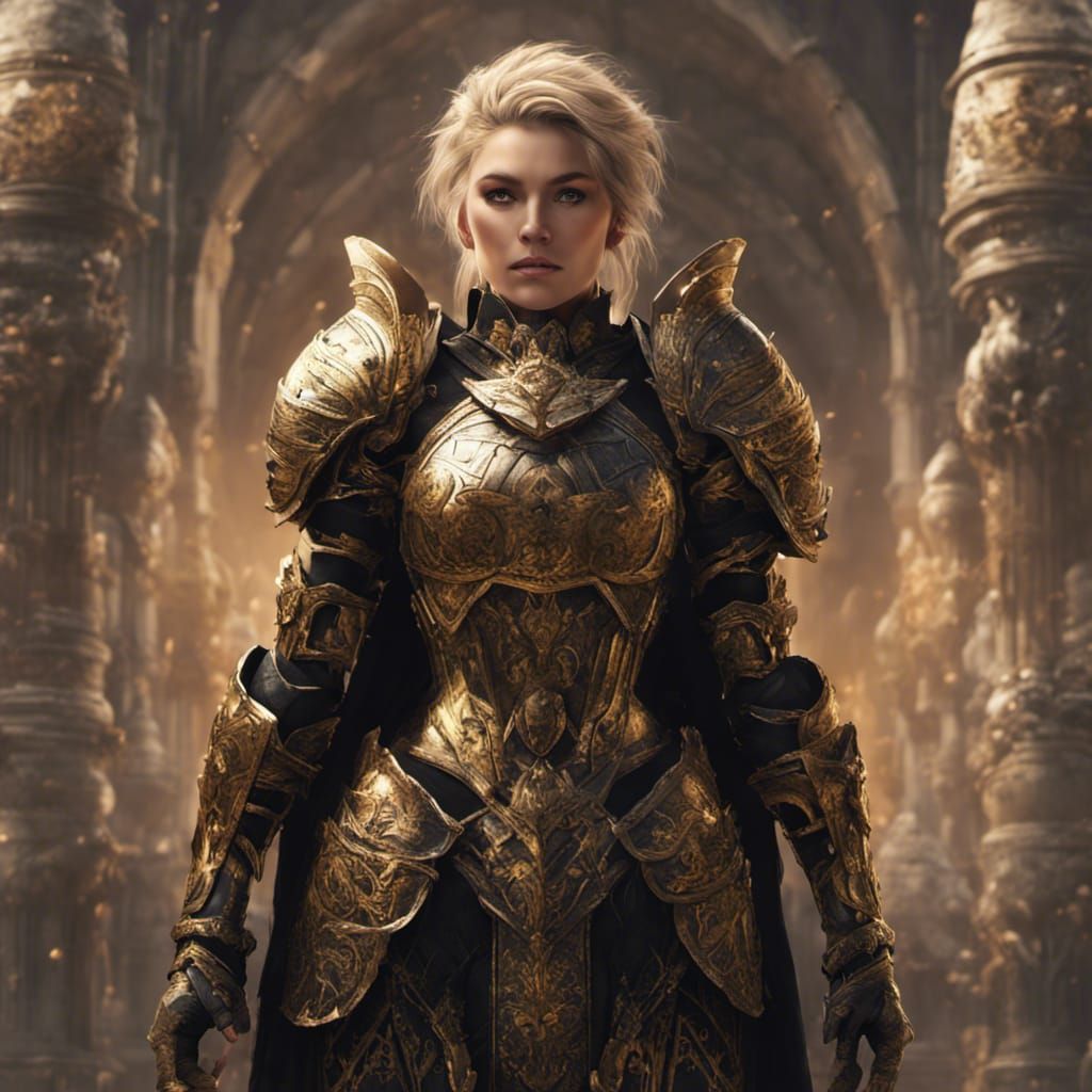 Full body image of a female Paladin in black and golden armor and with ...