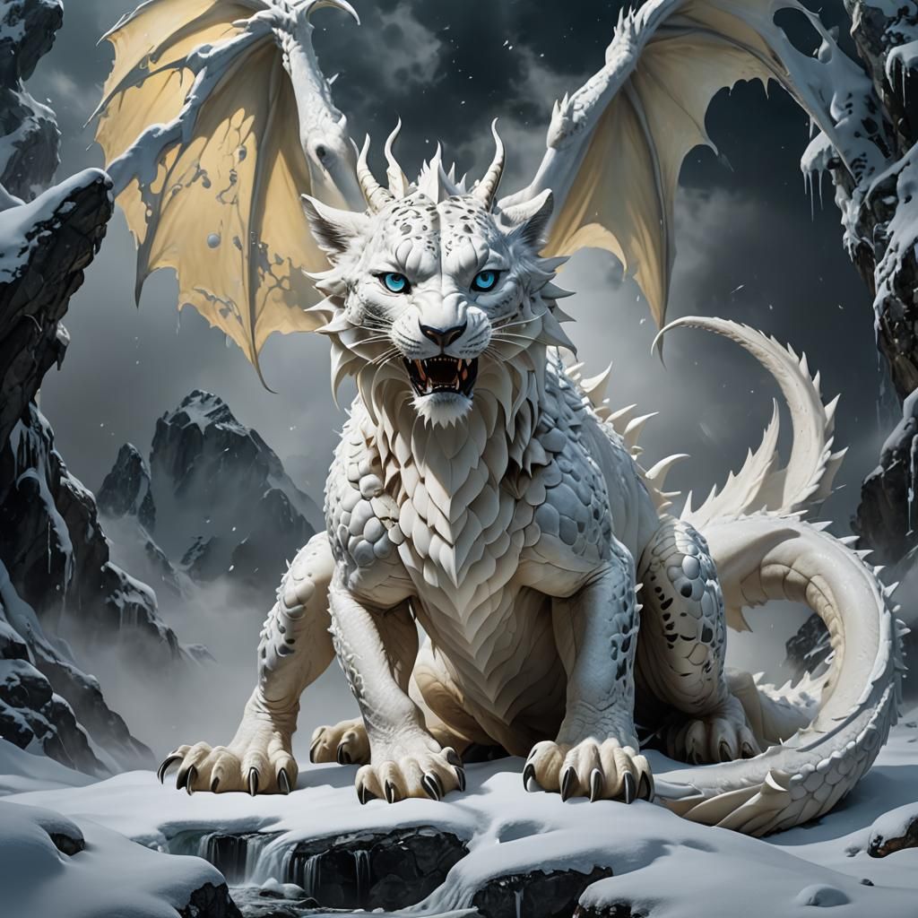 a glowing white dragon and snow-leopard hybrid, in a liquid sinister background, shot on Hasselblad H6D-400c Multi-shot,...