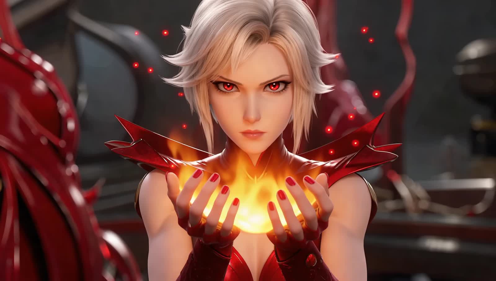 Stunning, vibrant,  high resolution 3D  A beautiful light haired humanoid female  holds ruby red flames of fire that app...