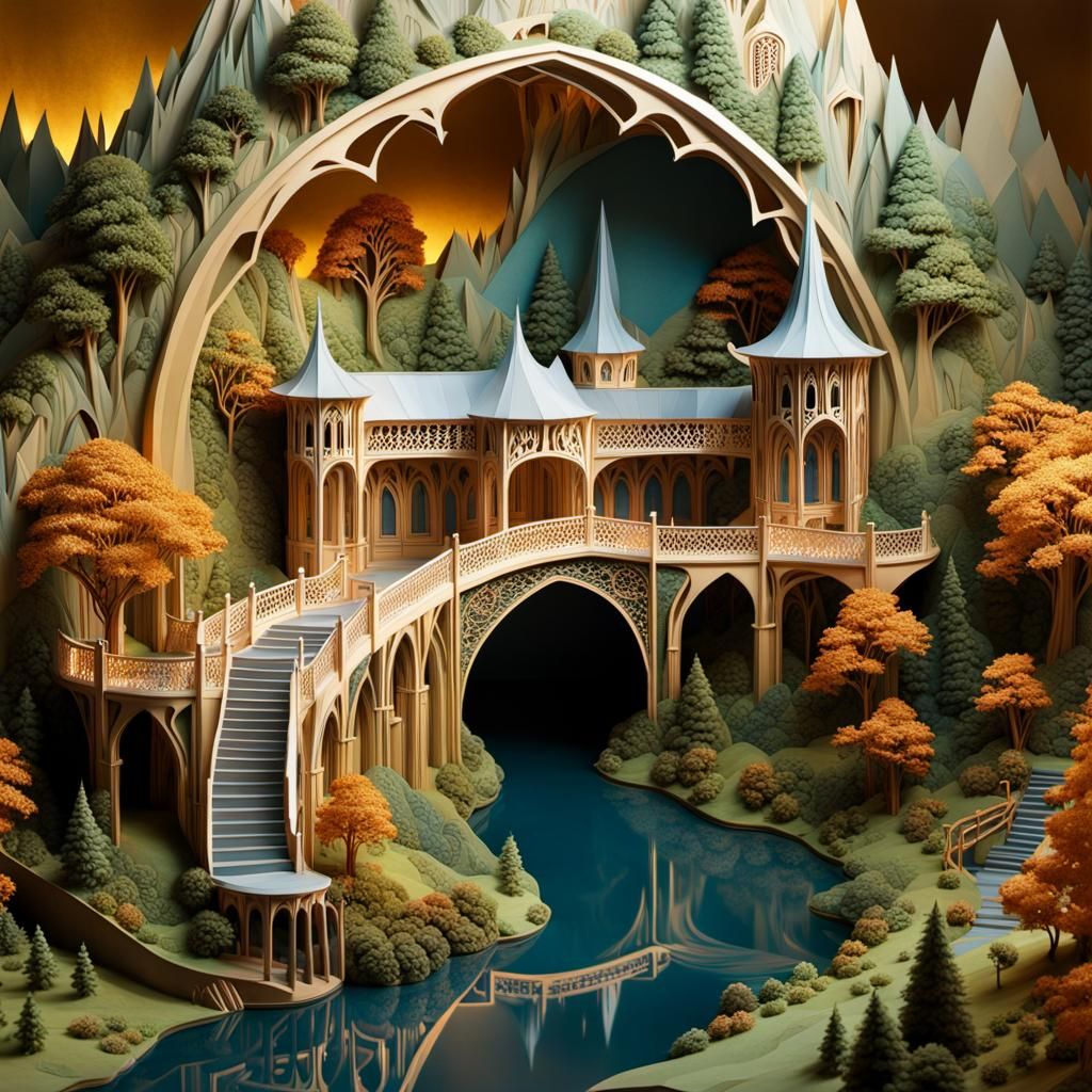 Kirigami panorama of the Rivendell, pearlescent shades, luminescence intricate details iridescent Kirigami ...  by @Juxtaposed