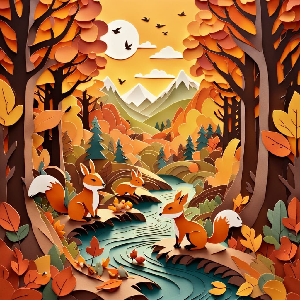 Paper cut-out style illustration of playful woodland animals