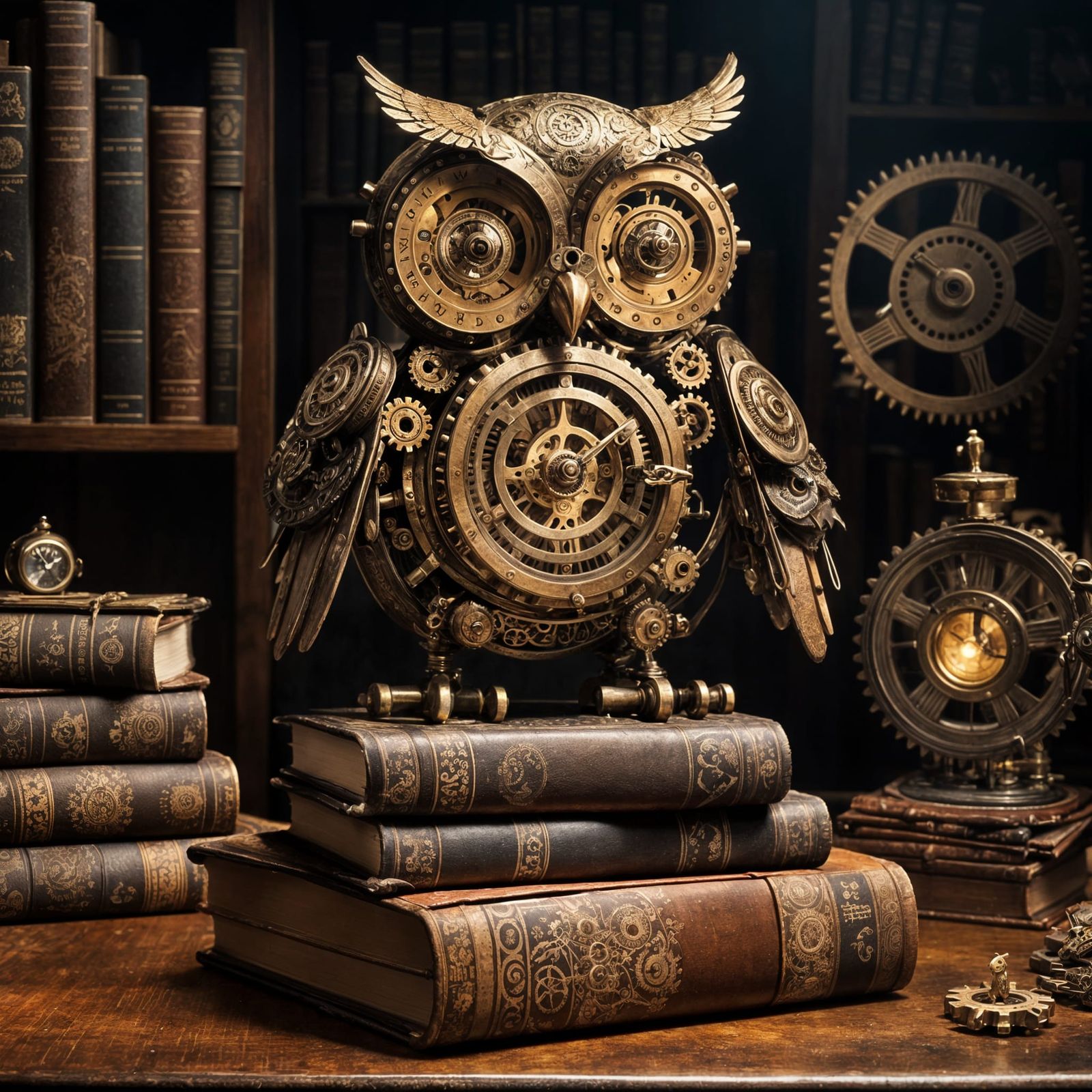 A whimsical clockwork owl perched atop a stack of antique, leather-bound books in a dimly lit, enchanted ...  by @Itzla