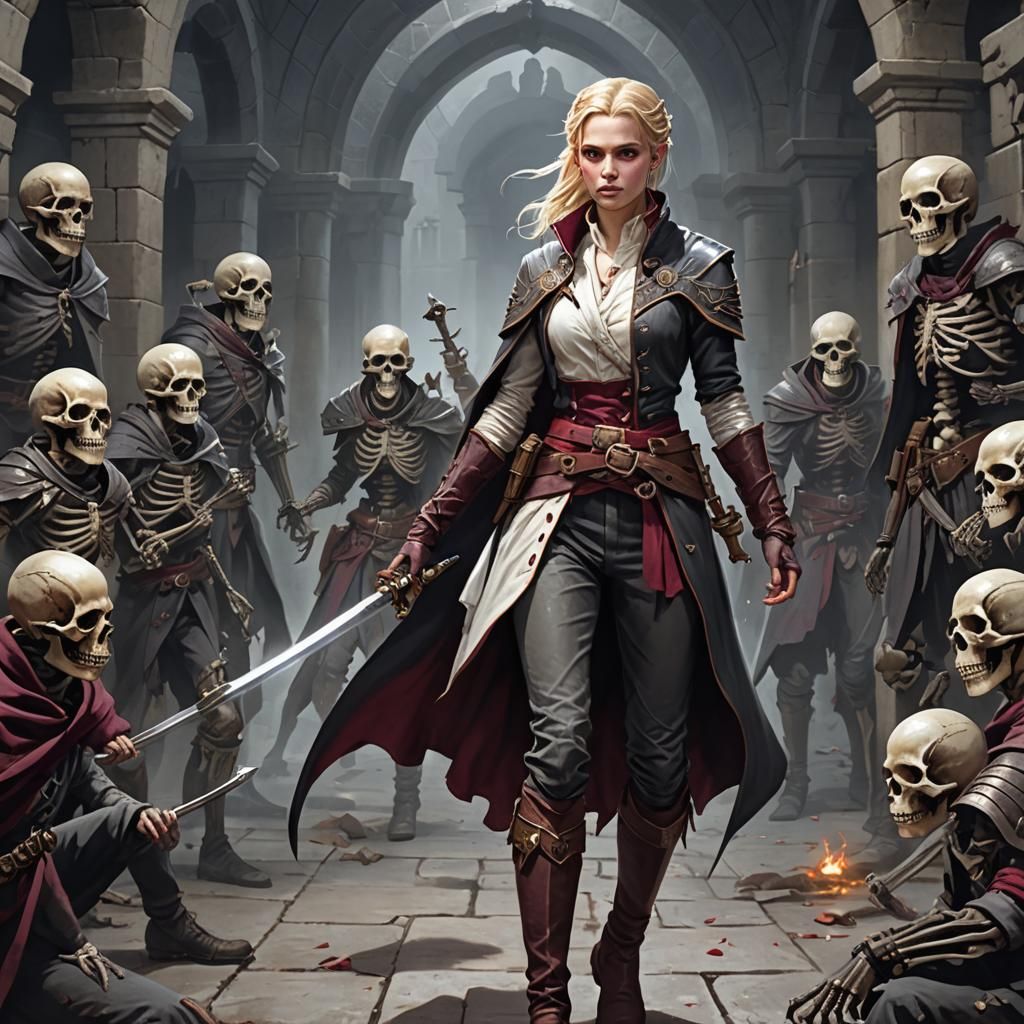 A DnD-style image of a beautiful female half-elf sorcerer with light blonde hair in a tight bun and fluttering bangs. She stands in a crypt...