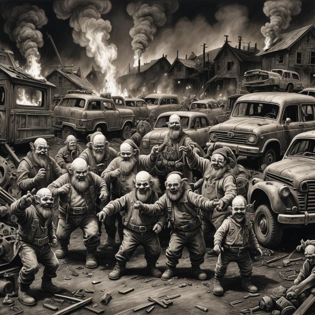 post-Apocalypse junkyard, seven dwarf clowns, dancing, clown...