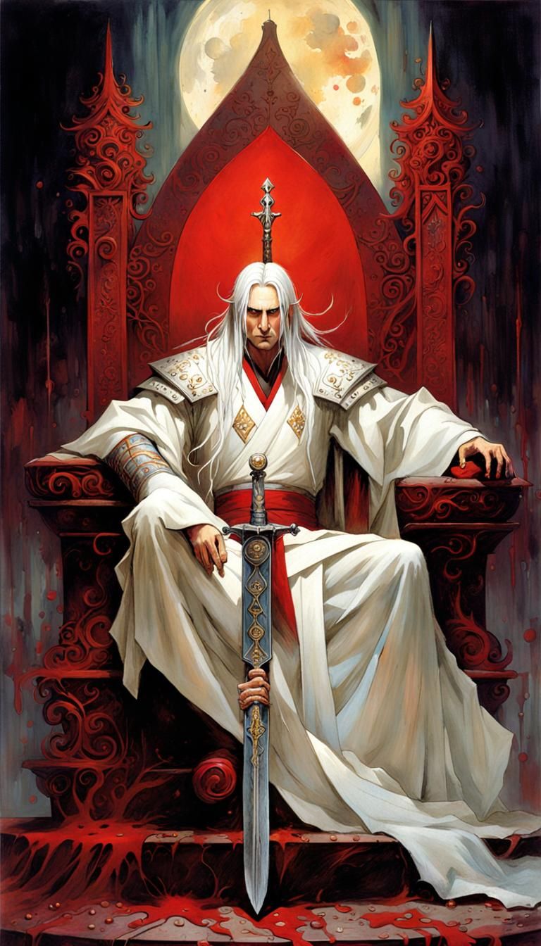 Elric of Melnibone with his rune Sword, White Kimono, seated on a ruby ...