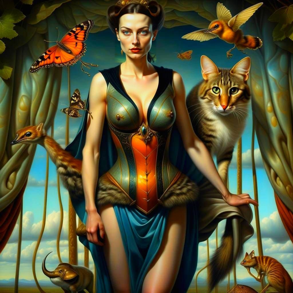 Enchanting Surrealistic Scene with a Happy Lady and Whimsica...