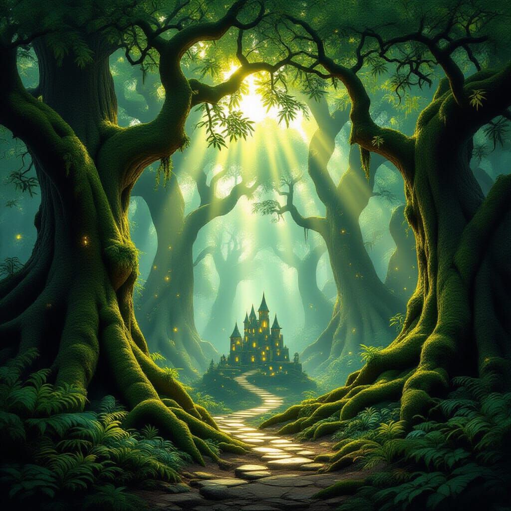 Ancient Forest Path to Glowing Stone Castle