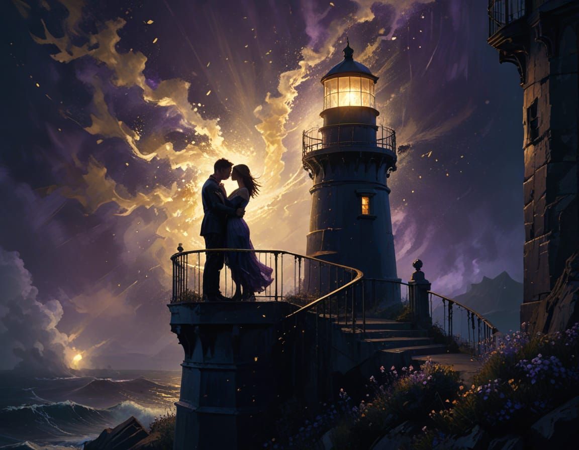 Celestial Lighthouse Romance
"Romantic moment: Two silhouettes embracing atop a cliffside lighthouse balcony. Magical element: The lighthous...