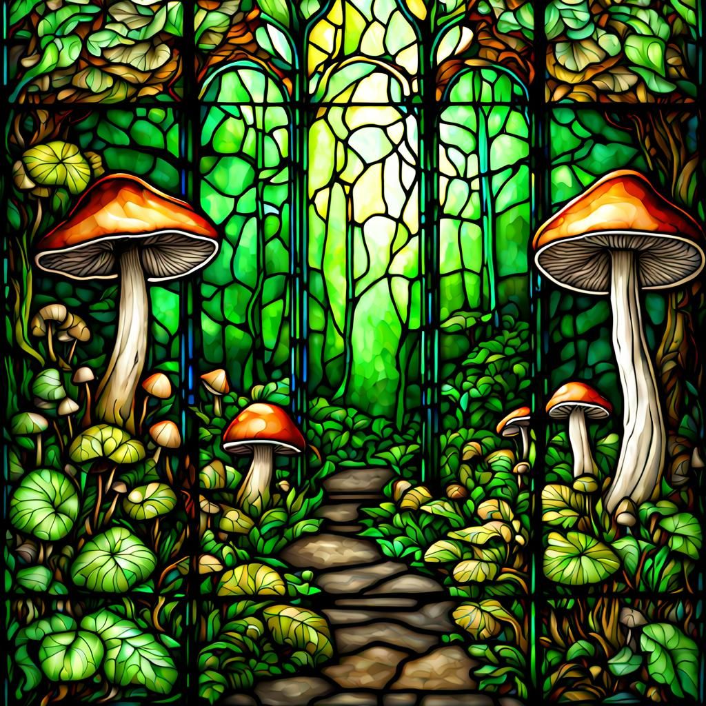 Mushrooms in a deep green overgrown forest depicted on stain...