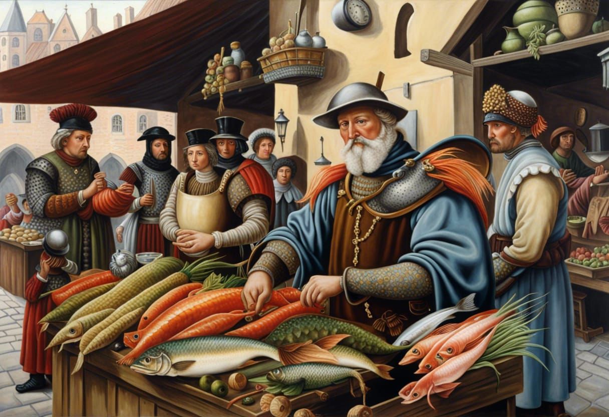 Medieval market fishmonger - AI Generated Artwork - NightCafe Creator