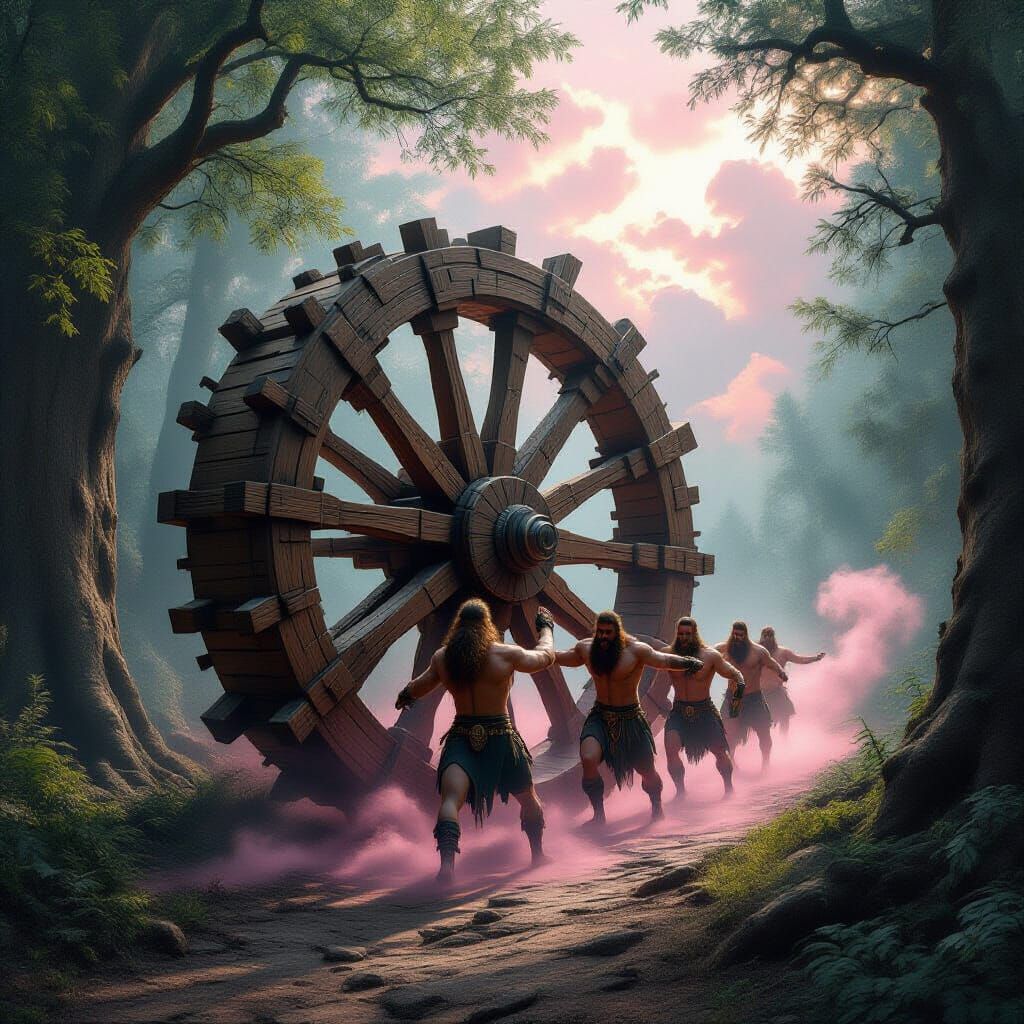 Create a hyper-realistic fantasy scene in a dense, ancient forest. A giant wooden wheel, crafted from massive tree trunks, slowly turns alon...
