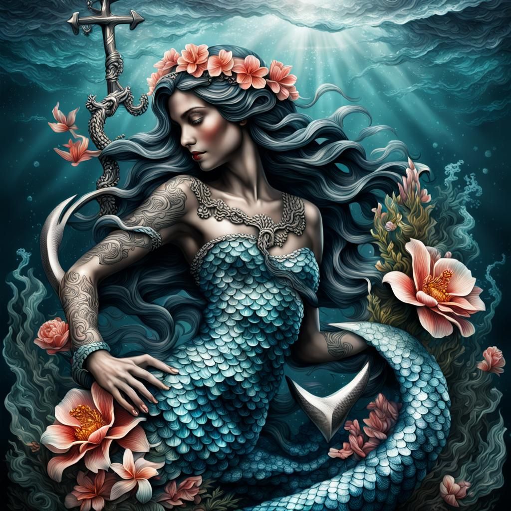Mermaid wrapped around an anchor with waves & tropical flowe...