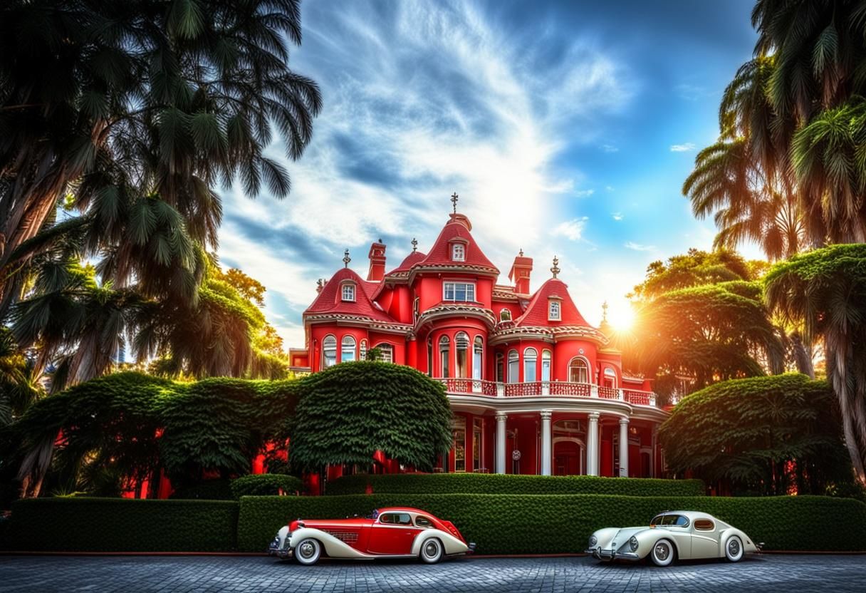 A red mansion with automobiles cars intricate details, HDR, beautifully shot, hyperrealistic, sharp focus, 64 megapixels, perfect compositio...